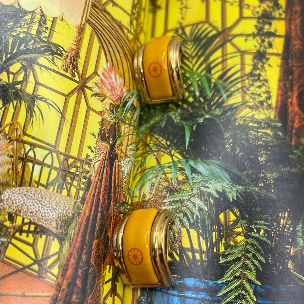 Vintage Cloisonné Hermes Yellow and Gold Enamel Earrings